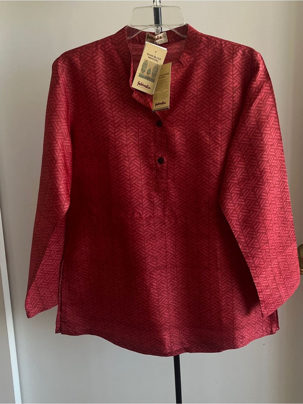 NWT Fabindia Elegant Kurta Red Burgundy 100% Silk Hand Block Prnt Nehru Collar L